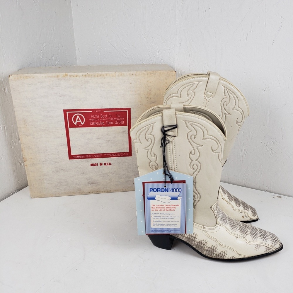 Acme Miss Rodeo USA Sz 10 Western Boots White Snakeskin Print Pointed Toe VTG